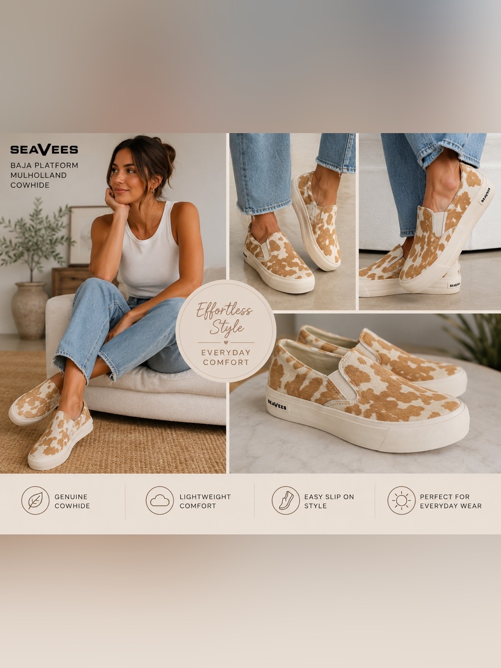SeaVees Baja Platform Slip-On Sneakers in Tan Cowhide Print